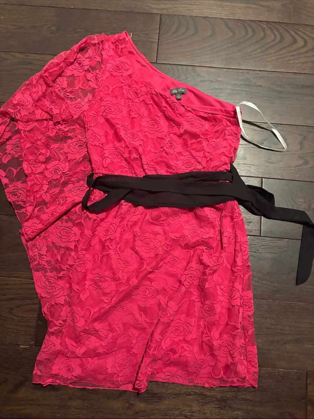 Lily Rose Hot Pink Lace One-Shoulder Mini Dress with Black Sash
